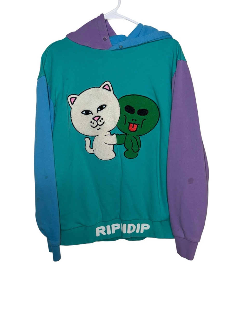 Ripndip Teal Hoodie with Purple & Blue Sleeves Cat Graphic